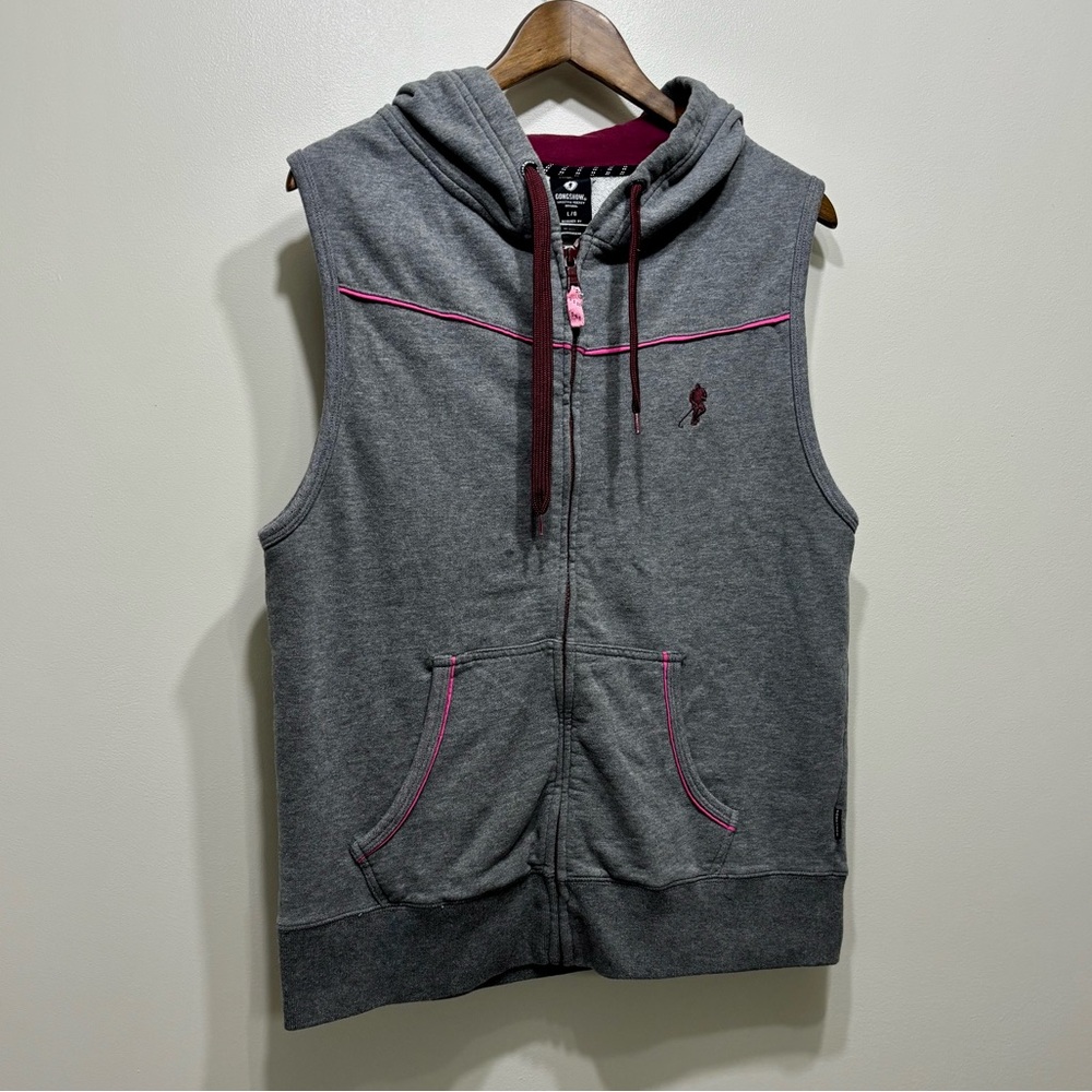 Gongshow Hockey Zippered Zip Up Hooded Sleeveless Vest Hoodie Sweater Top Grey